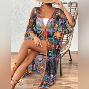 Floral Embroidered Sheer Kimono Cover-Up